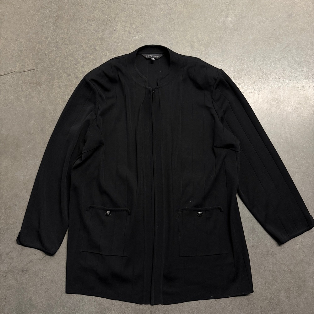 Ming Wang Black Knit Ribbed Open Front Cardigan Jacket Plus Size 2X Pocketed